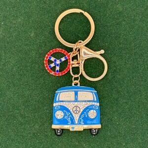 Bus Peace Sign Rhinestone Keychain Blue Hippie Van Gold Tone Charm